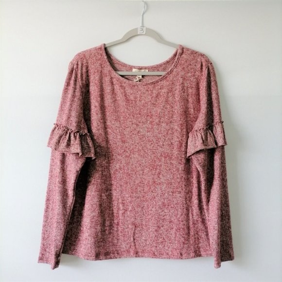 NWT Ultra Flirt Women Heather Red Long Ruffle Sleeve Round Neck Knit Top Size L - Picture 1 of 7